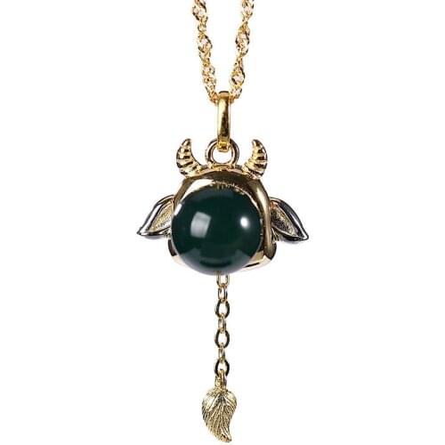 S925 sterling silver gold plated Natural Mexico blue amber Calf Chain set Retro Birth year Chinese zodiac cow Pendant