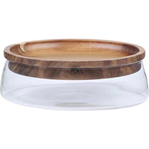 Glass Fruits Storage Box with Wooden Lid Container Double Layer Candy Storage Box Nuts and Dry Fruits Container Tray