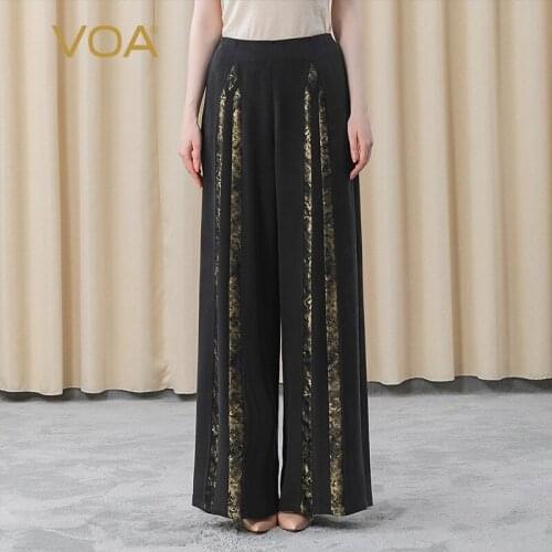 VOA Heavy Silk 30m/m Night Black Natural Waist Woven Stiflage Stitching Side Insert Pocket European Version Wide Leg Pants KE302
