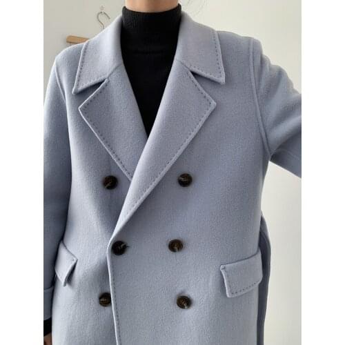 High-end double-breasted suit collar pure hand-sewn double-sided cashmere coat woolen coat female Korean version 21 new