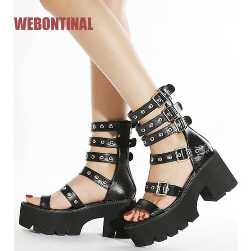 WEBONTINAL Summer Gladiator Roman Metal Shoes Women Sandals Punk Streetwear Wedge Square Heels Fashion Platform Female Sandalias