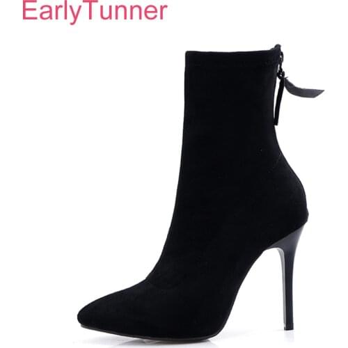 Brand New Sexy Flock Black Orange Women Ankle Formal Boots Super High Heels Lady Nude Shoes ES749 Plus Big Size 10 43 45 48