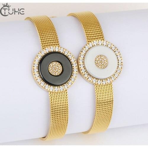 2019 New Design Stainless Steel Mesh Keeper Bracelets Bangles for Women Girls Big Round Ceramic Crystal Bracelet Jewelry Gift