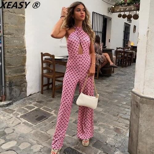 XEASY 2021 Women Fashion Cross- Neck Halter BowJumpsuit Vintage Printing Sleeveless Female Sexy Backless Wide Leg Jumpsuits