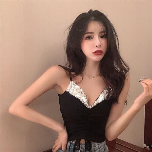 Women Corset Tops V-neck Knitted Vest Womens Summer Sequined Suspender Sleeveless Top Tank Camis Crop Top For Women