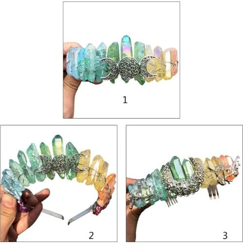 Women Bride Rainbow Colorful Raw Quartz Crystal Crown Headband Vintage Boho Metal Moon Branches Wedding Tiara Hair Hoop