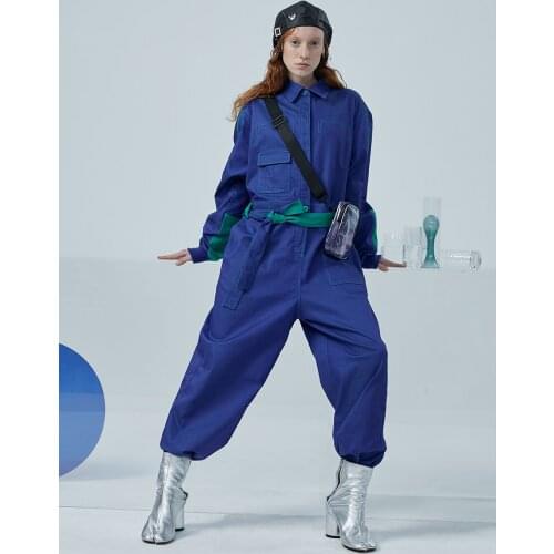 2020 Original Design Spring Rompers Womens Casual Loose Belted Blue Overalls For Women Long Sleeve Jumpsuit