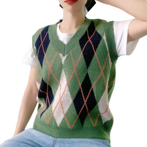 Womens V Neck Sweater Vest, Classic Sleeveless Argyle Printed Casual Loose Knit Tank Tops Spring Autumn
