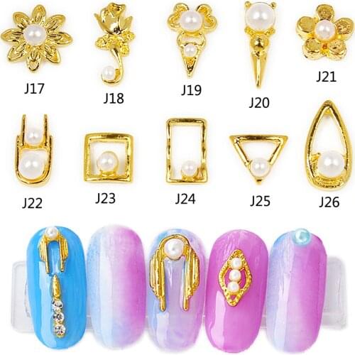 30pcs gold wing/triangles/flower/drop/square rhinestone nail design pearl alloy 3d nail art supplies decorations accessories