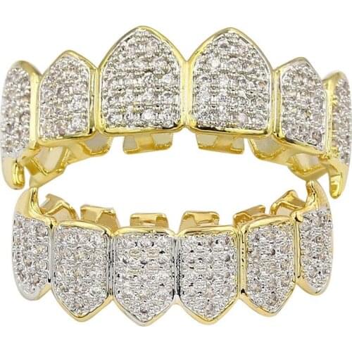 Gold Silver Color Iced Out Teeth Grillz Micro Pave Cubic Zircon Top & Bottom Teeths Grills Set Hip Hop Men Jewelry Gift
