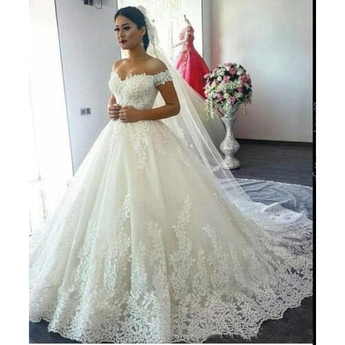 2019 Real Pic Luxury Lace Ball Gown Wedding Dresses A Line Off Shoulder Sweep Train Bridal Gowns With Lace Applique Backless Wed