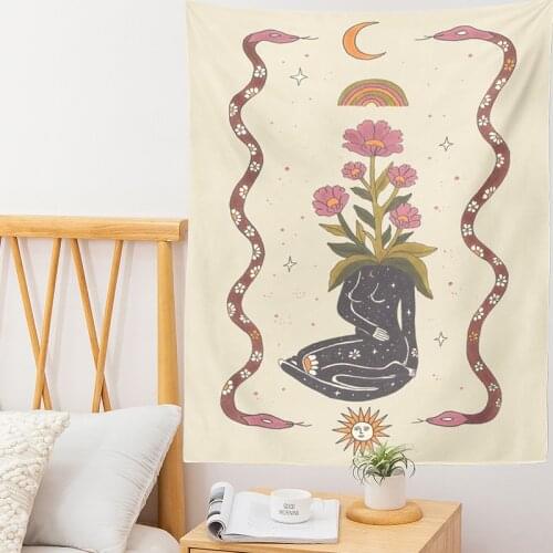 Astrology Divination Witchcraft Sun Moon Goddess Decor Tarot Card Tapestry Sun Moon Star Wall Hanging plant flower Tapestry