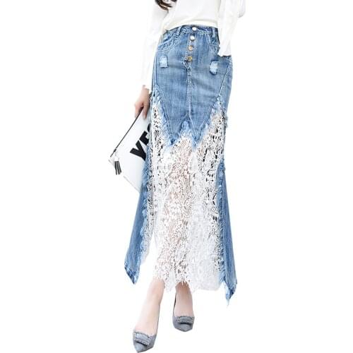 Free Shipping 2019 New Fashion Long Maxi Denim And Lace Patchwork Fish Tail Skirt For Women S-2XL Mermaid Style Summer Skirt