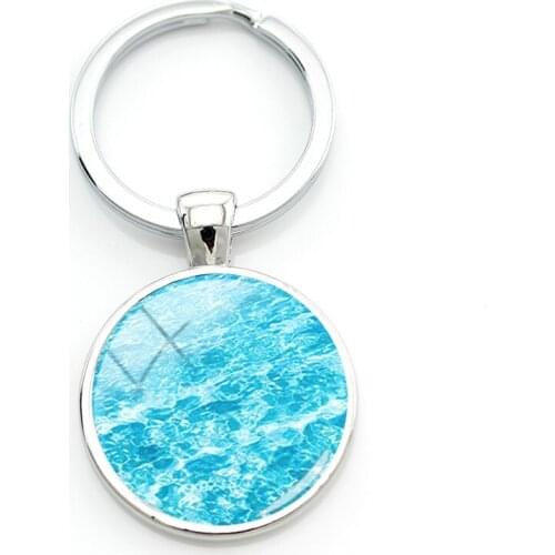 TAFREE Blue Sea Wave Keychains White Cloud Inverted Image Glass Key Holders Transparent Beads Jewelry For Bag Decoration
