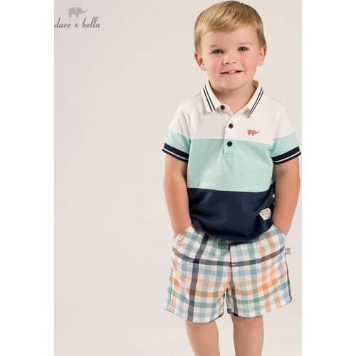 DBA16222 dave bella baby boys summer casual patchwork plaid clothing sets kids boy fashion short sleeve sets children 2 pcs suit