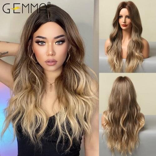 GEMMA Long Wavy Ombre Black Brown Golden Blonde Synthetic Wig Natural Middle Part Heat Resistant Hair Wigs for Black Women Afro