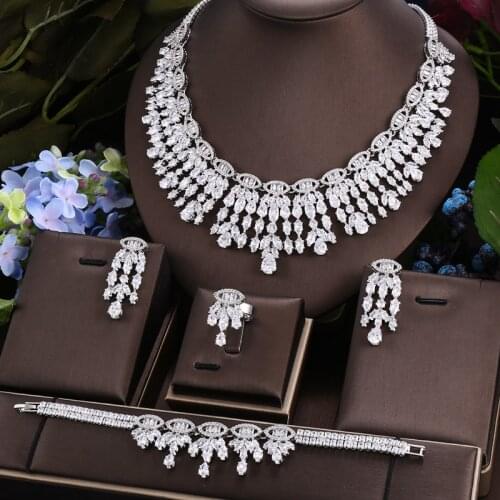 Janekelly 4pcs Bridal Zirconia Full Jewelry Sets For Women Party, Luxury Dubai Nigeria CZ Crystal Wedding necklace sets