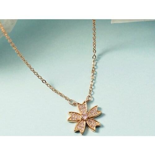 KOFSAC Hot Sale Cherry Blossoms Necklace Flower Chain Pink Zircon Pendant Necklace Rose Gold Color Jewellery Women Birthday Gift
