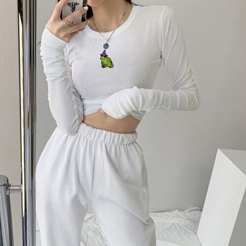 Frog Sweatshirt Women Cotton Aesthetic Graphic Sexy Crop Top Long Sleeve T Shirt Two-piece Suits for Girls Wide Leg Sweatpants