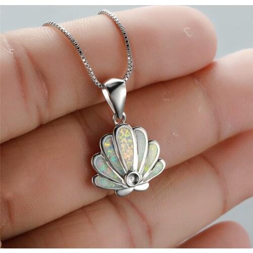 Fashion White Blue Opal Stone Necklace Female Cute Shell Conch Pendant Necklaces For Women Vintage Silver Color Wedding Necklace