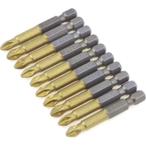 10Pcs 1/4 Inch Hex Shank Titanium Coated Anti Slip PH2 Screwdriver Bits Set Phillips Electric Screwdriver Power Tools 50mm