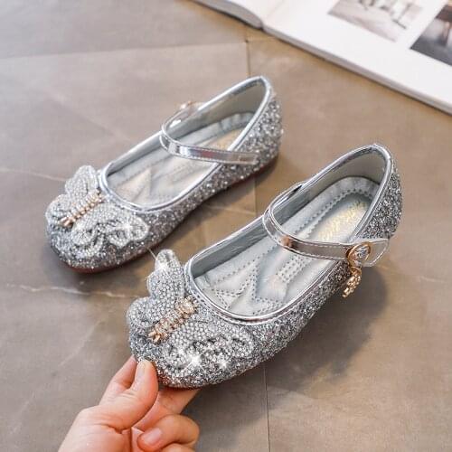 2020 New Girls Princess Shoes Children Crystal Soft Sole Non-slip Sweet Flats for Party Sweet Butterfly-knot Sequined Hot Shoes