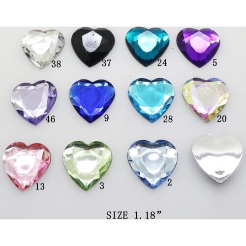 New large size 20Pcs/Lot Heart Mix Color 30mm Wedding Dress Acrylic Rhinestone Diy Flatback Sewing Strass Glue-On accessories