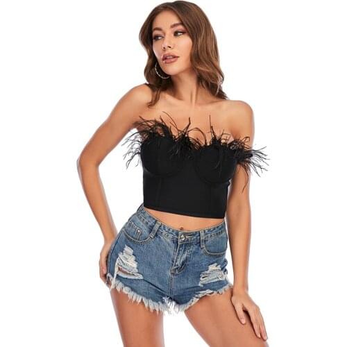 New Arrival Women Luxury Sexy Strapless Backless Feather Black Camis Tops 2021 Celebrity Designer Fashion High Street Top