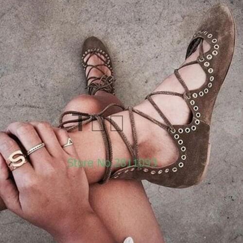 Flat With Lace Up Rome Shoes Round Toe Hole Decor Leather Casual Ladies Shoes Black Leather Brown Suede Manufaturer Shoes