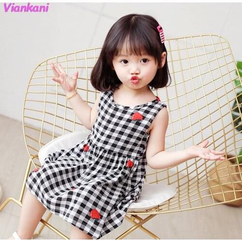 Casual Toddler Girls 2021 Summer Dress Princess Kids Sleeveless Plaid Fruit Print Children Dresses Girls 2 3 4 5 6 7 8 9 Years