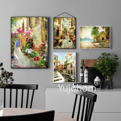 Natural Scenery European Town Street Canvas Painting Reataurant Posters Living Room Decor Hallway Wall Art Painting Bedroom