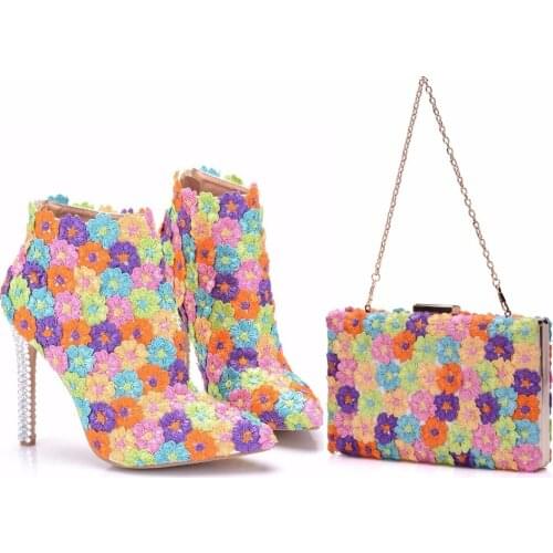 Crystal Queen Multicolor Flower Shining Lace Womens Wedding Shoes Boots Matching bags Clutches High Heels Female Party Shoes