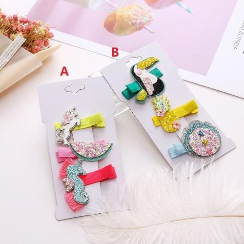 Retail 3in1 Fashion Cute Glitter Unicorn Penguin Seahous Hairpins Solid Cartoon Fruits Hair Clips Princess Hair Accessories