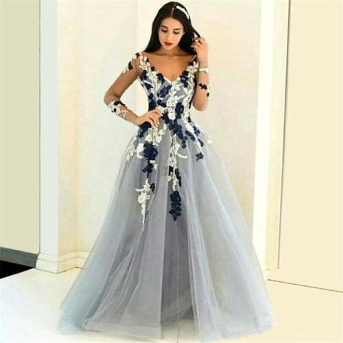 V-neck Appliques Lace Sheer Popular Prom Dresses Long Sleeve A-line Tulle Formal Evening Dress robes de soirée
