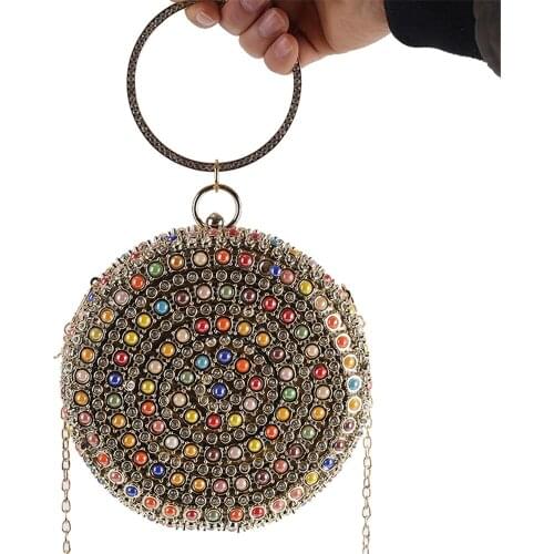 INS Style Round Shaped Cosmetic Bag Wallet Colorful Bling Bead Fashion Ladies Jewelry Wrist Bag Shoulder Bags