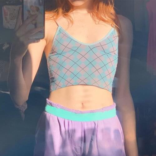 Spring Summer 2021 Zebra Argyle Print Y2K Crop Cami Top for Women Cute Girls Spaghetti Strap 2000s Aesthetic Crop Top Plus Size