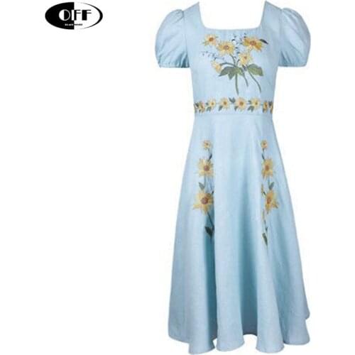 Vintage french woman midi dress elegant embroidered Backless retro blue summer beach party dresses women clothing female robes