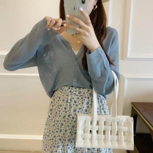 New fashion girl summer knitted jacket slim short cardigan women summer tops full sleeve v-neck blouse anti UV