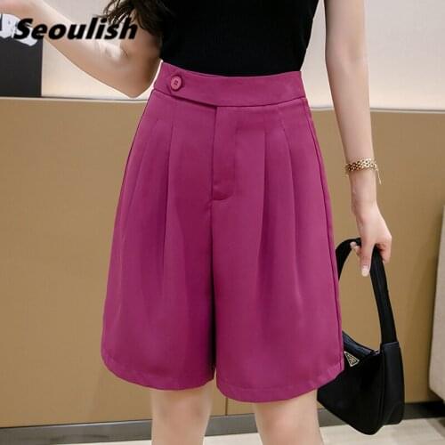 Seoulish 2021 New Summer Casual Womens Half Pants Button High Waist Casual Workwear Female Loose Wide Leg Trouses Office Lady