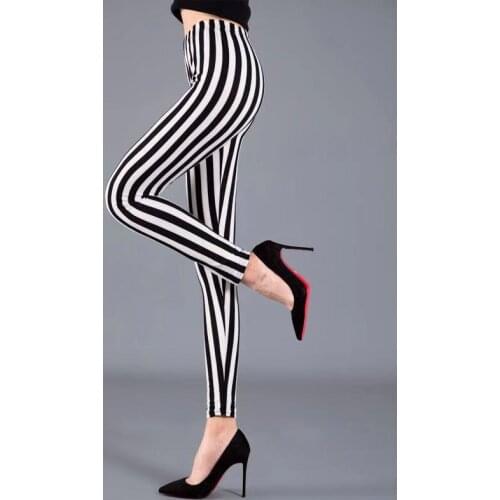 Lady street fashion white black stripe leggings women elastic slim fitted pencil leggings spring summer autumn ankle length pant