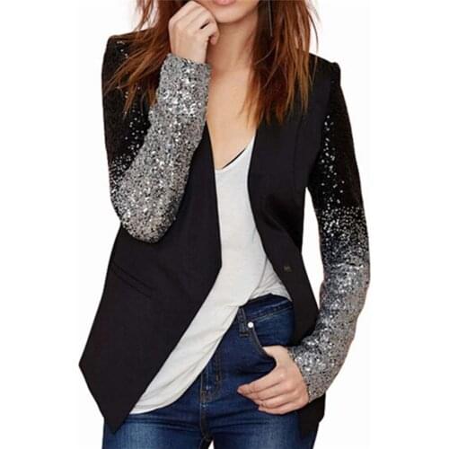 HOT Long Sleeve Lapel Silver Black Sequin Elegant Slim Women Work Blazers Suit Ladies New Spring Autumn Thin Jacket Coat
