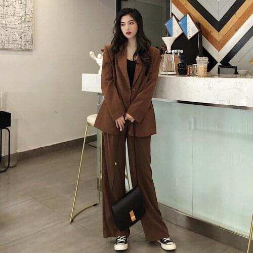 Women 2021 Spring Autumn OL Work Pants Suit Female Single Breasted Office Lady Blazer Coat + Wide Leg Trouser 2 Piece Set