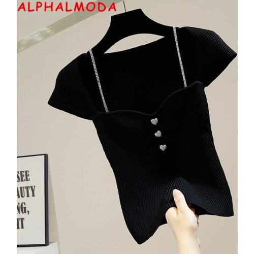 ALPHALMODA 2021 Summer Women Elegant Chain Sweater Sequire Collar Diamond Chains Ladies Vintage Fashion Jumper Black White