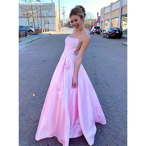 2020 Pink A-line Floor Length Spaghetti Strap Scoop Neck Simple Pockets Satin Princess Party Evening Dress коктейльные платья