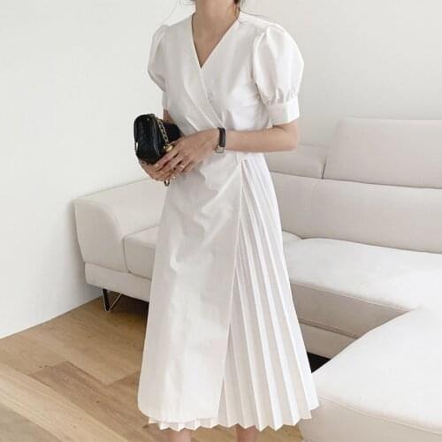 Summer French New Style Fashion Vestidos Female V-neck Tie Waist Stitching One-piece Puff Sleeve Pleated Midi Dress KK270