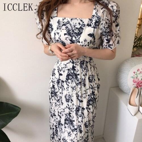 Summer Dress For Korean One-Piece Chic WomenS Dress Long Dresses 2021 New Elegant Sweet Square Neck Short Sleeve Dress Female