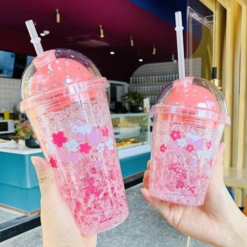420 ML Kawaii Cherry Blossom Bottle Creative Sequin Rabbit Crushed Ice Cup Summer Ice Drink Bottle with Straw Coffee Juice Cups