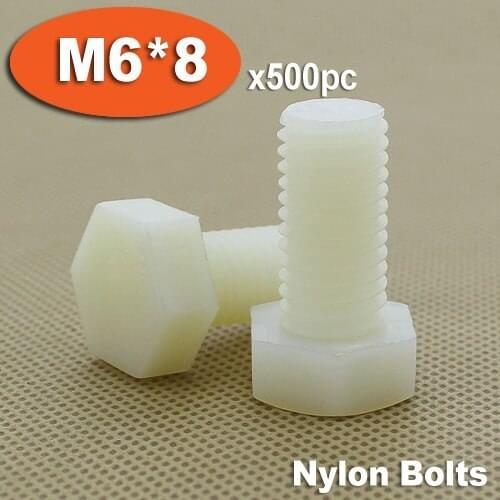 500pcs DIN933 M6 x 8 Fully Threaded White Plastic Nylon Bolts Hexagon Hex Head Bolt Set Screw Setscrews