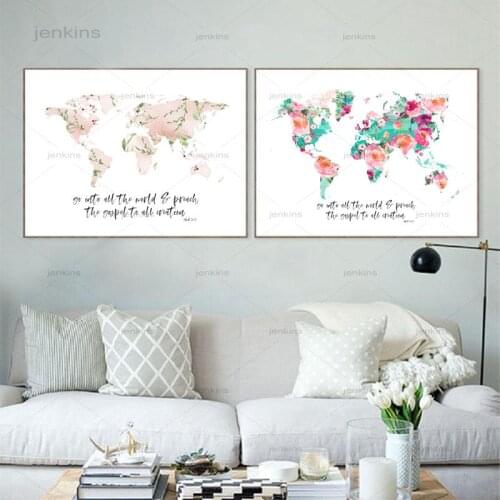 World Map Prints Mark 16:15 Bible Verse Watercolor Floral Art Canvas Painting Scripture Christians Posters Home Wall Art Decor