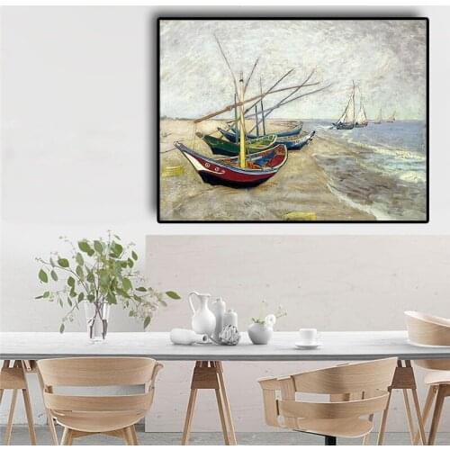 Van Gogh Fishing Boats Saintes Maries Oil Painting on Canvas Posters and Prints Scandinavian Wall Art Picture for Living Room
